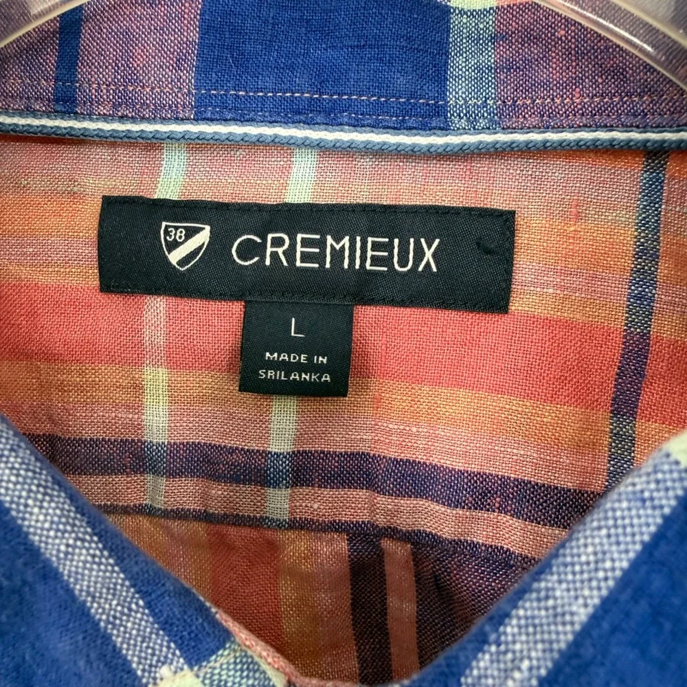 Cremieux Button Down Shirt‎ Mens Large Pink Blue Plaid 100% Linen Long Sleeve